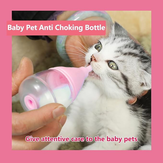 Kitten Bottles for Nursing,Puppy Bottles for Nursing Puppy Milk, Anti-Choking Puppy Feeder Design,with 3pcs Replaceable and Reusable Silicone Nipples for Feeding Newborn Pets (Pink, 40ml+3pcs)