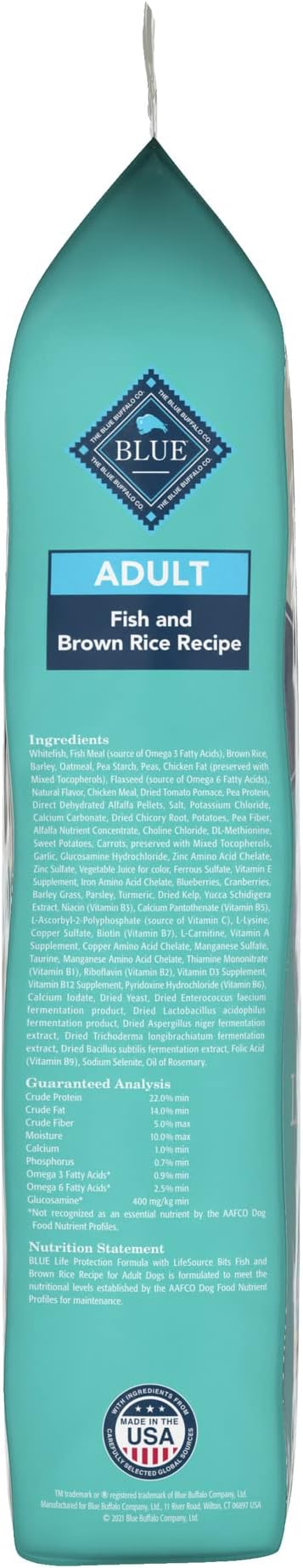 Blue Buffalo Life Protection Formula Adult Dry Dog Food, Helps Build and Maintain Strong Muscles, Made with Natural Ingredients, Fish & Brown Rice Recipe, 15-lb. Bag