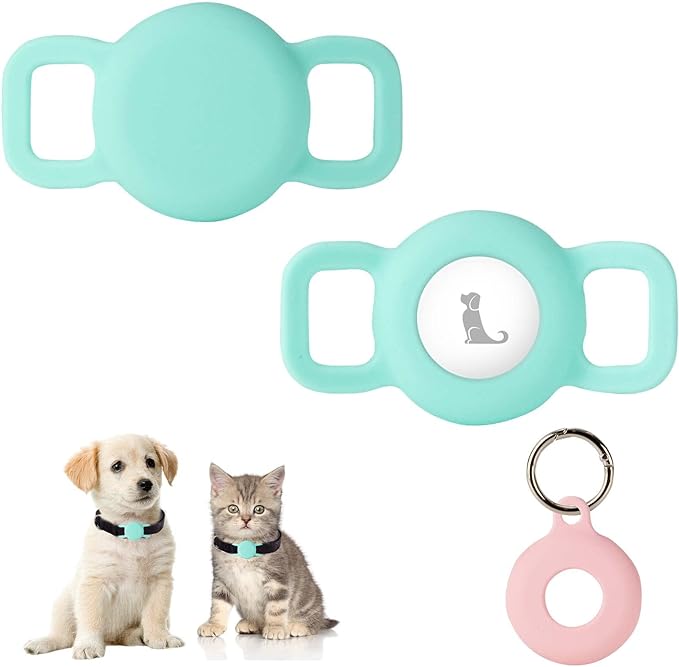 PuppyDoggy 2 Pack Airtag Holder for Collar, Dog Cat Tracker Case, Silicone Airtag Case Waterproof, Scratch-Resistant, Anti-Lost & 1 Pack AirTag Keychain Holder for Bag, Suitcase (Small, Mint Green)