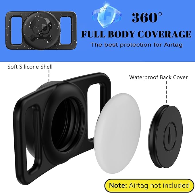 Airtag Dog Collar Holder Waterproof [2 Pack] Silicone Full Body Covered Ultra-Durable Lightweight Case Anti-Lost Protective Apple Air Tag Holder for Pet Dogs & Cats Collars (Black(2 Pack))