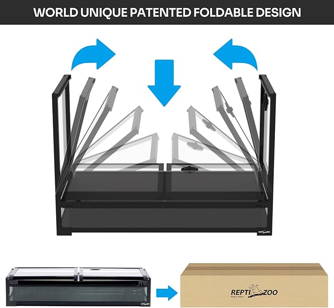 REPTI ZOO Collapsible 60 Gallon 36" Wide Reptile Tank, Tempered Glass Large Reptile Terrarium 36"x18"x24", Black PVC Back, Front & Top Ventilation & Anti Escape Lid, Easy Folding