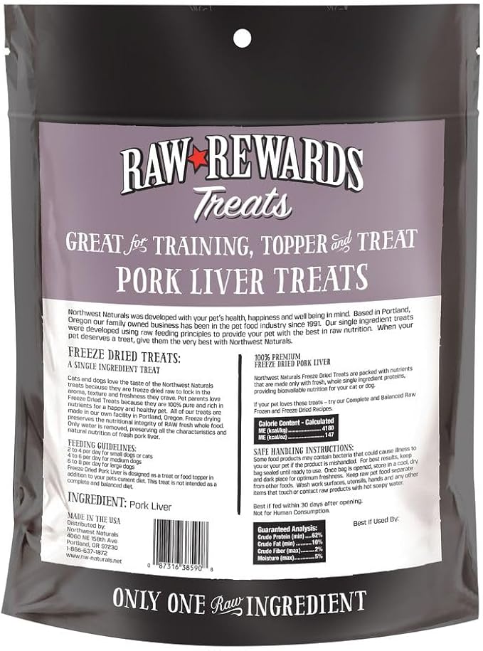 Northwest Naturals Raw Rewards Freeze-Dried Pork Liver Treats for Dogs and Cats - Bite-Sized Pieces - Healthy, 1 Ingredient, Human Grade Pet Food, All Natural - 10 Oz (Packaging May Vary)