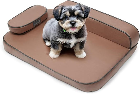 Dog Bed for Medium Dogs, Easy Clean Dog Sofa Air-Leather-Fabric Pet Bed, Stain & Waterproof Dog Bed with Memory Foam & Washable Cover, with Pillow & Side Cushion, Brown, M Size