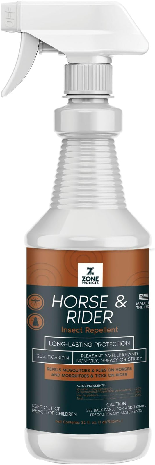 Zone Protects Horse & Rider Equine Spray with Picaridin – 32oz Trigger Spray, DEET-Free Insect Repellent for Horses and Riders, Repels Flies, Gnats, Horse Flies, Ticks, 12-Hour Protection