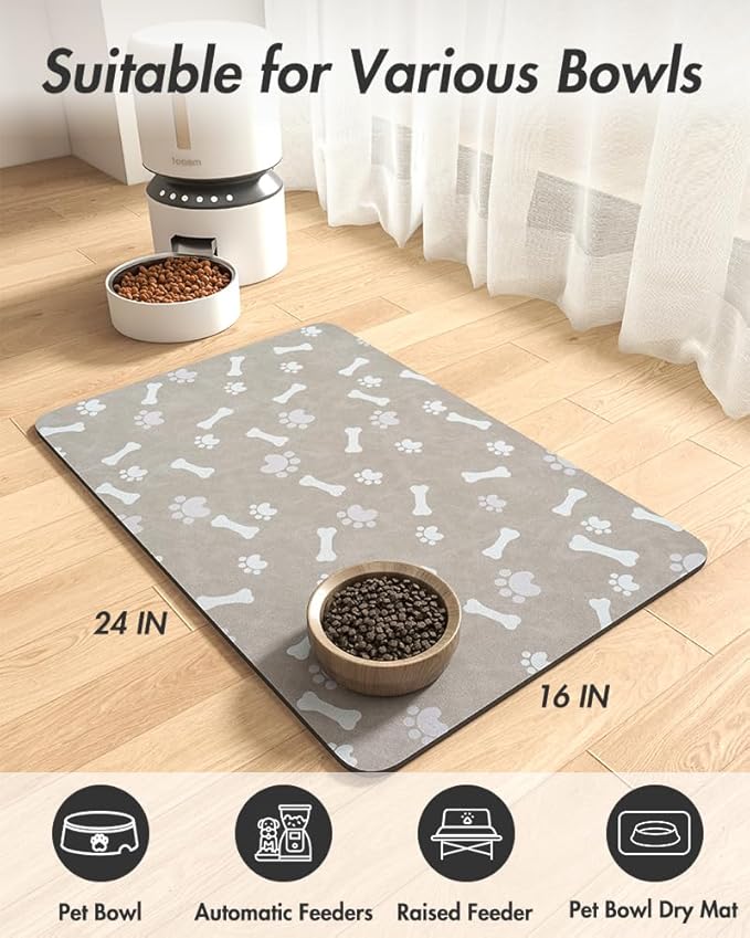 Pet Feeding Mat-Absorbent Dog Food Mat-Dog Mat for Food and Water-No Stains Quick Dry Dog Water Dispenser Mat-Pet Supplies-Dog Placemat Dog Water Bowl for Messy Drinkers 16"X24" GREY