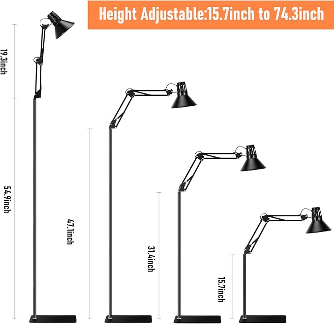 Reptile Heat lamp Reptile Light Fixture, Tall Heat Lamp Stand Reptile Lamp Stand with Lampshade Height Range from 15.7inch to 74.3inch with 360°Adjustable Swing Arm