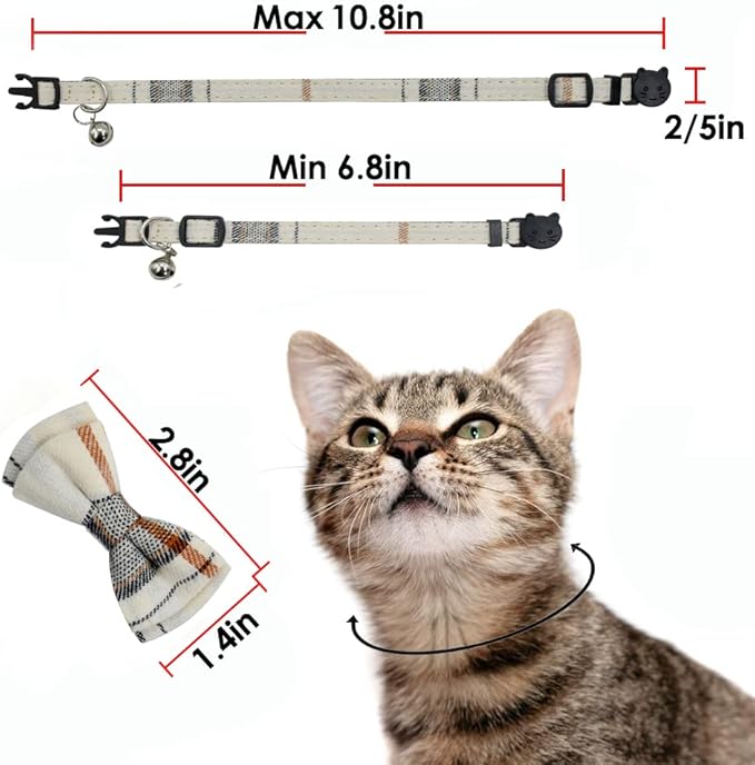 Cat Collar Breakaway with Bell and Bow Tie, Plaid Design Adjustable Safety Kitty Kitten Collars(6.8-10.8in) (White&Cream Color Plaid)