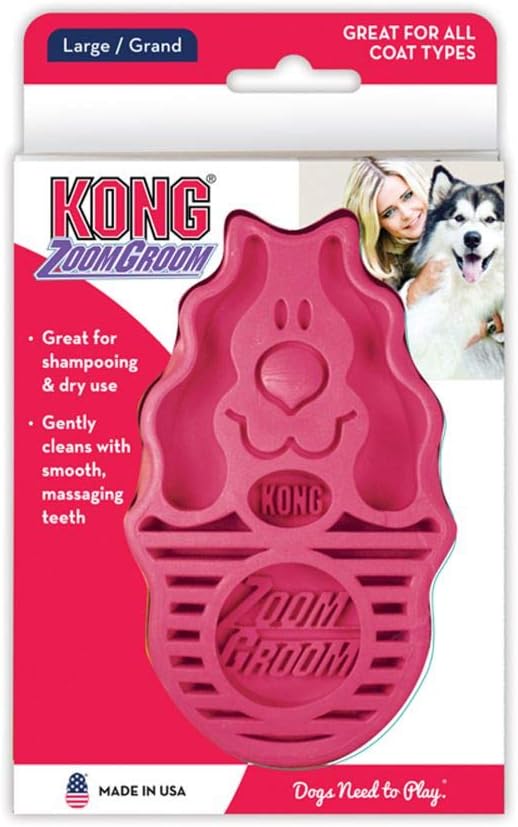 KONG - ZoomGroom - Dog Brush for Grooming and Shampooing - Red Brush for Large Dogs