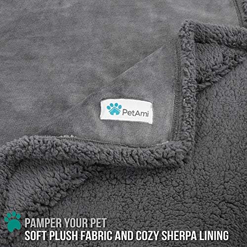 PetAmi WATERPROOF Dog Blanket for Bed, XL Dog Pet Blanket Couch Cover Protector, Sherpa Fleece Leakproof Blanket for Crate Kennel Sofa Furniture Queen Bed Protection Reversible Soft 90x90 Grey Grey