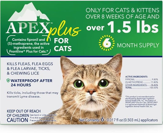 Apex Plus Cat Flea and Tick Treatment | 6-Month Supply, Over 1.5 lbs | Flea Treatment for Cats | 24-Hour Activation, Waterproof, 30-Day Protection