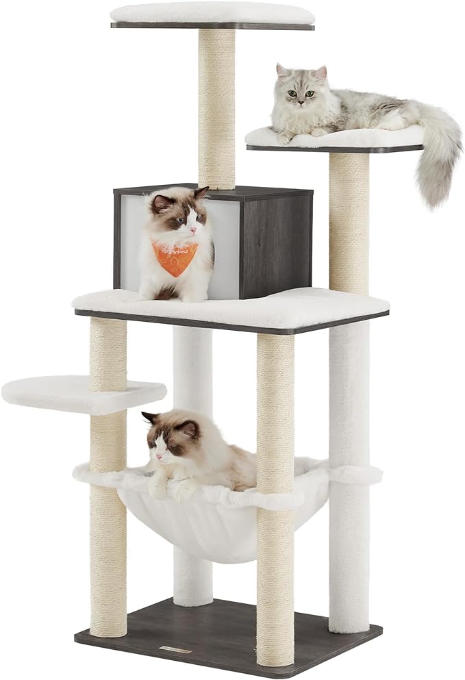 Feandrea Cat Tree, 54.3-Inch Modern Cat Tower for Indoor Cats, Multi-Level Cat Condo, Ultra-Soft Plush, Scratching Posts, Hammock, Removable, Washable Cushions, Misty Gray UPCT164G02