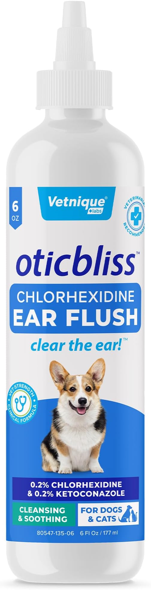 Vetnique Oticbliss Medicated Dog Ear Infection Treatment, Antiseptic Ear Cleaner for Cat & Dog Ear Cleaning Solution with Chlorhexidine & Ketoconazole (6oz Flush)