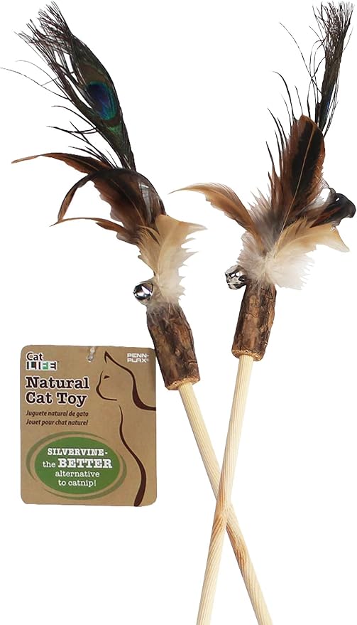 Penn-Plax Cat-Life Natural 5-Piece Toy Bundle for Cats – Contains Silvervine and Compressed Catnip – 2 Wands, 1 Pack of Silvervine Sticks, and 2 Birdies