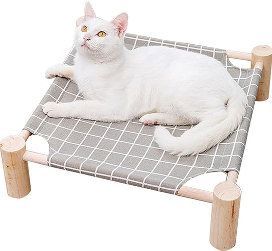 Pozico Cat/Dog Bed Hammock Cat Bed, Wooden Dog Elevated Indoor Outdoor Beds, Raised Cat Cots Furniture Pet Bed Puppy Bed Portable Breathable Mesh Cat Beds for Small Animals-Grey Grid