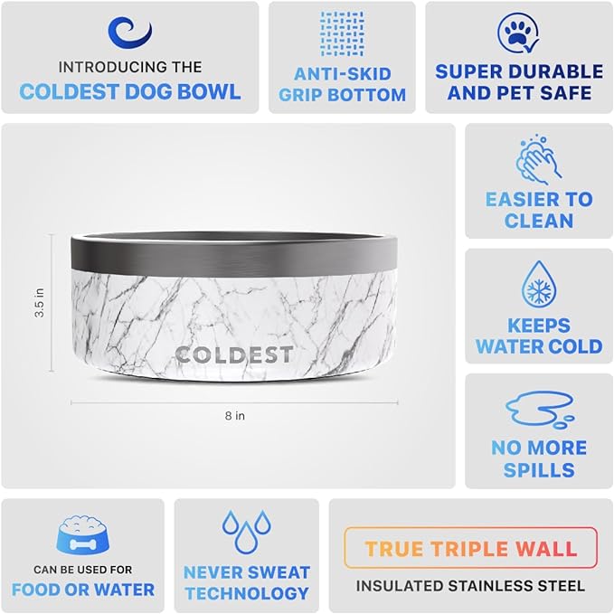 Coldest Dog Bowl - Anti Rust Metal & Non Slip Dog Bowls Large, Spill Proof Heavy Duty 3 Layers Insulated Dog Bowl - Food and Water Bowl for Dogs, Cats & Pets, Dishwasher Safe (64 oz, Carrara Marble)