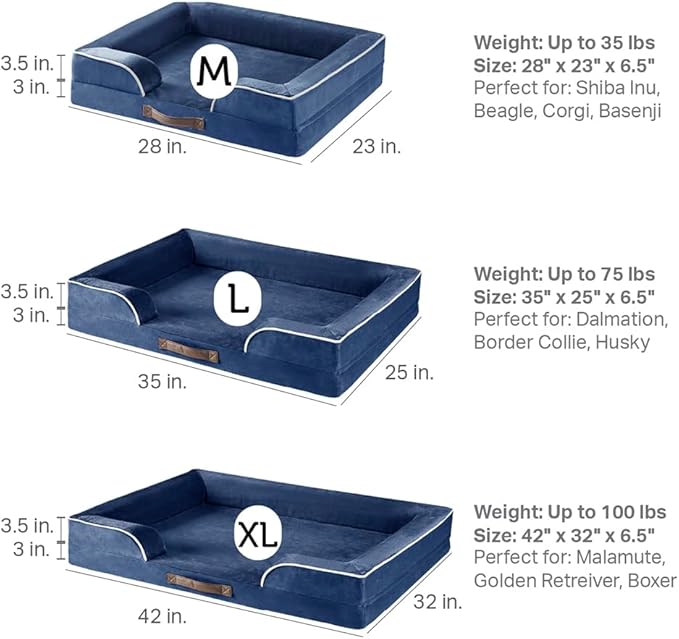 Friends Forever Orthopedic Dog Bed, Bolster Dog Bed with Memory Foam Dog Couch Sofa and Removable Washable Cover, Ally Navy, 42x32x7