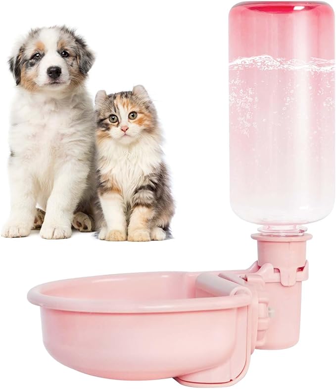 16oz Pet Water Bottle, Gravity Dog Water Bowl Dispenser for Cage, Anti-Overflow Water Dispenser for Small Dogs, Cats, Rabbits and Other Small Animals, BPA Free, Gradient Pink