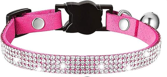 Cat Collars,Rhinestone for Girl Cats Bling Kitten Flower Adjustable Breakaway Collar with Bell Soft Velvet Leather Collar for Puppy Small Dogs (Hot Pink)