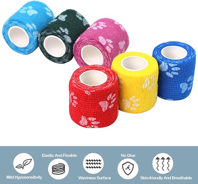 6 Rolls Self-Adhesive Bandage Wrap Non-Woven Vet Wrap Cohesive 2Inchx5yard for Dogs Cats Horse Leg Paw Pet Animals Wounds Wrist Healing Sprains & Swelling