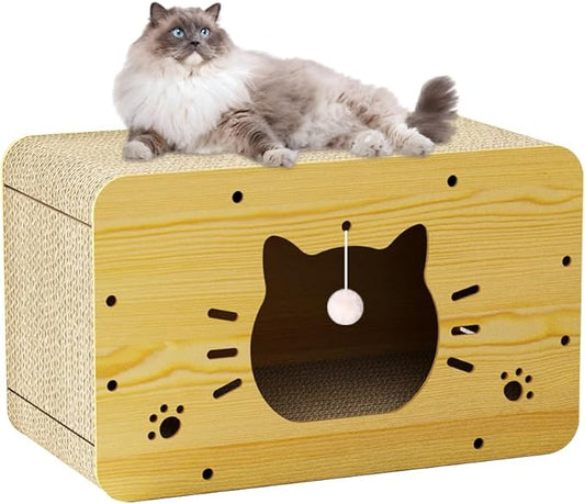 Cat Scratcher House, Cat Condo with Cat Scratcher Board, Hanging Ball Toy and Cat Scratching Pad, Large Space Cardboard Cat Bed Cave，Suitable for Cats to Rest&Scratching Cat Scratch Pad