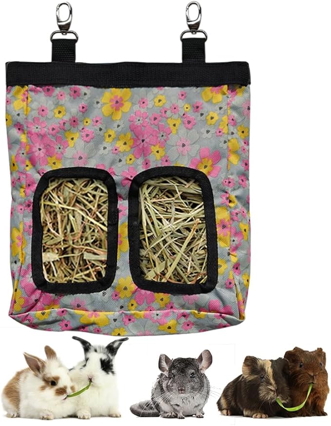 Guinea Pig Hay Feeder, Hanging Rabbit Hay Feeder Bag for Guinea Pigs Bunnies Chinchillas. M, Little Flowers