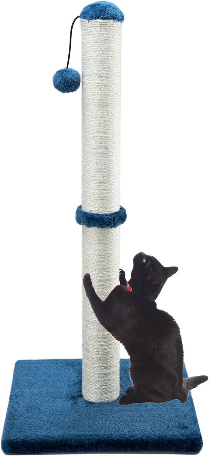 Tall Cat Scratching Post 34” Basic Vertical Scratcher for Indoor Cats and Kittens, Cat Scratch with Sturdy Sisal Rope and Hanging Ball, Large Heavy Plush Base (Blue)
