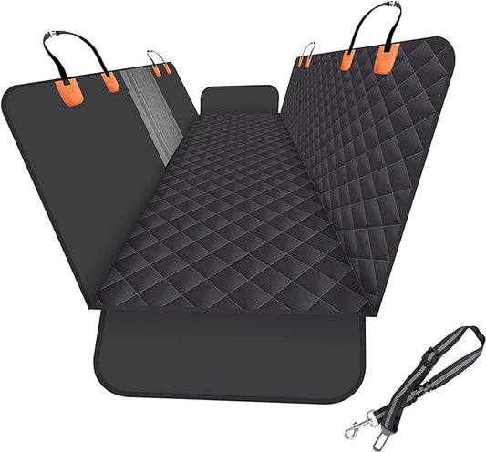 Dog Back Seat Cover Protector for Cars SUV and Trucks with Mesh Window, Scratchproof Nonslip and Waterproof Material Upgraded Version with Dog Leash(Black Orange)