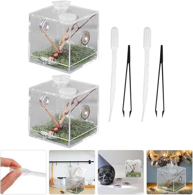 balacoo 8 Sets Jumping Spider Enclosure: Spider Cage Habitat Terrarium Micro Scorpion Droppers Reptile Hide Clear Jumping Enclosure Breeding Box Case with Breeding Tweezers Tank