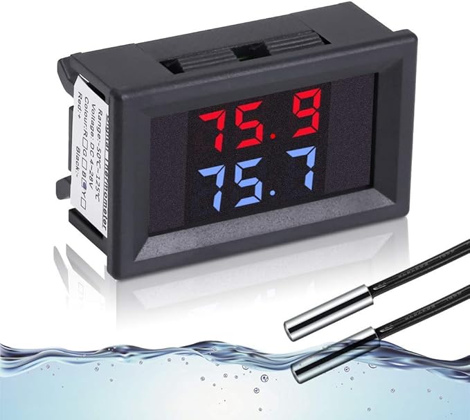 Icstation Digital Thermometer, Car Auto Temperature Gauge Sensor, DC 4-28V Fahrenheit Dual Display, Monitor with 2 NTC Waterproof Probes for Aquarium Vehicle Fish Tank