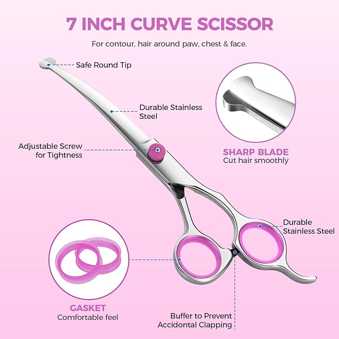 Maxshop Dog Grooming Scissors with Safety Round Tips, Heavy Duty Titanium Pet Grooming Trimmer Kit, Professional Thinning Shears, Curved Scissors with Comb for Dogs and Cats (Pink Set of 3)