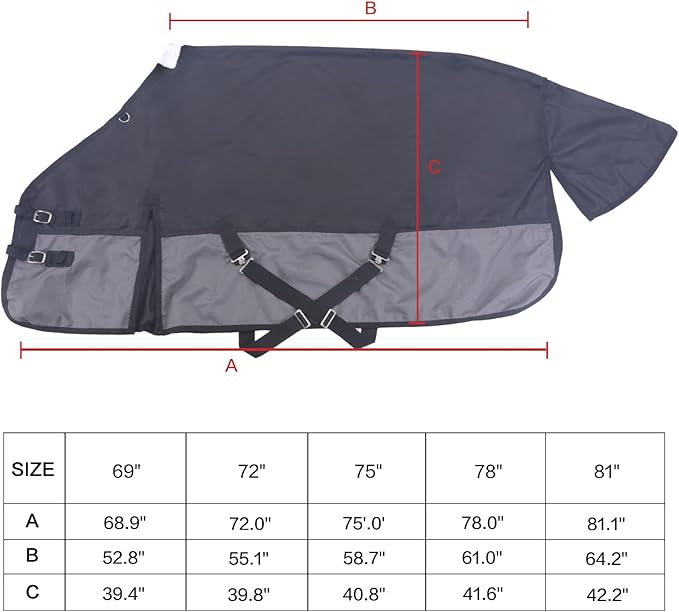 1200 Denier Rip-Stop Turnout Rain Sheet Lightweight Waterproof Breathable Horse Blanket (No Fill) BlackGrey 75"