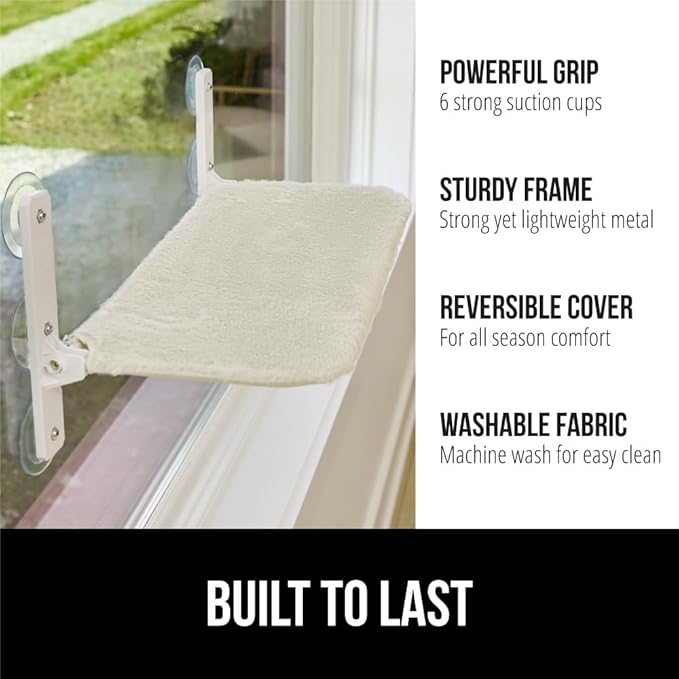Gorilla Grip Heavy Duty Cordless Cat Window Perch, 6 Large Suction Cups, Strong Metal Frame Holds 40lbs, Foldable Indoor Hammock Bed with Reversible Washable Cover, Cats Seat Wall Shelves, Beige