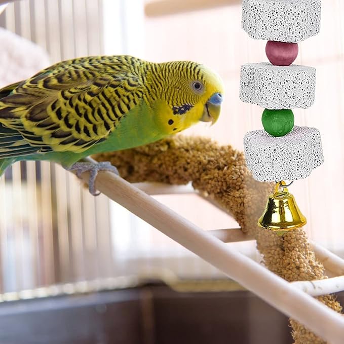 MiOYOOW 2PCS Parrot Chewing Toys, Bird Beak Grinding Calcium Stones Hanging Bird Cage Accessories with Bells for Small pets Parakeet Hamster Chinchilla Lovebird Cockatiel