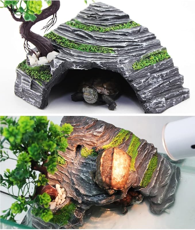 Reptile Simulation Rock Hide-Resin Amphibian Hideouts Cave Size 3.94'' x 1.77'' with Plastic Tree 7.87'',Habitat for Bearded Dragon Turtles Lizards Snakes Crab Gecko Leopard Spider Fish