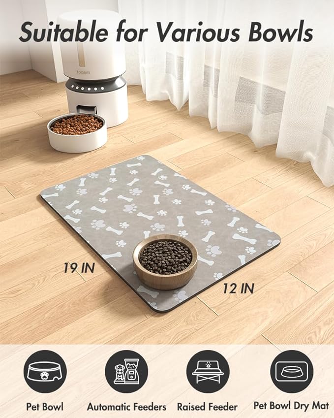 Pet Feeding Mat-Absorbent Dog Food Mat-Dog Mat for Food and Water-No Stains Quick Dry Dog Water Dispenser Mat-Pet Supplies-Dog Placemat Dog Water Bowl for Messy Drinkers 12"X19" Grey