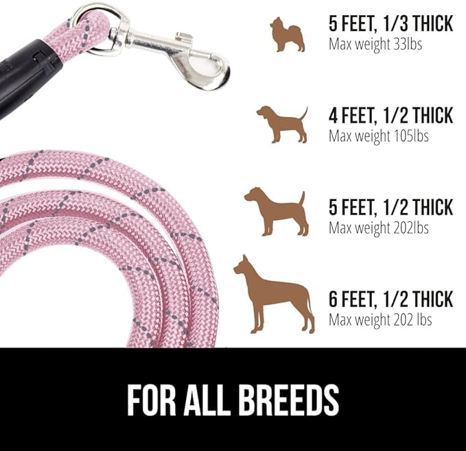 Gorilla Grip Heavy Duty Dog Leash, Soft Handle, Strong Reflective Rope for Night Pet Walking, Small Medium Large Animals, Durable Puppy Training Leashes, Rotating Metal Clip, Waste Bag Dispenser, Pink