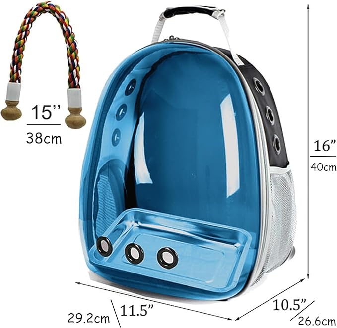 Bird Carrier Cage, Clear Bubble Window Bird Travel Backpack Carrier with Stainless Steel Tray and Standing Perch (Blue, Large)