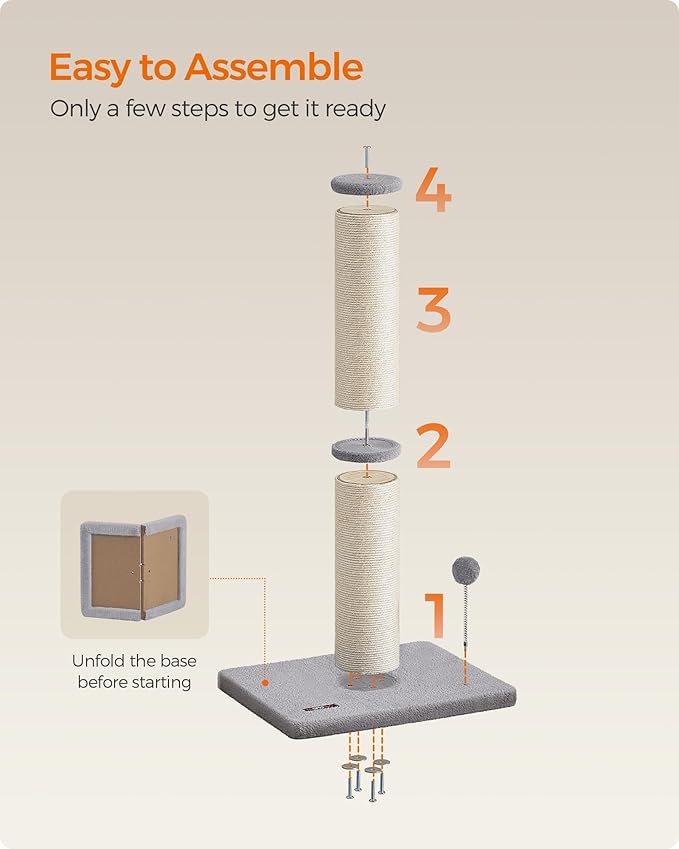 Feandrea Cat Scratching Post, 33.5-Inch Tall Cat Scratcher for Medium and Large Cats, Sisal Scratch Pole, Spring Pompom with Built-in Bell, Dove Gray UPCA041G01