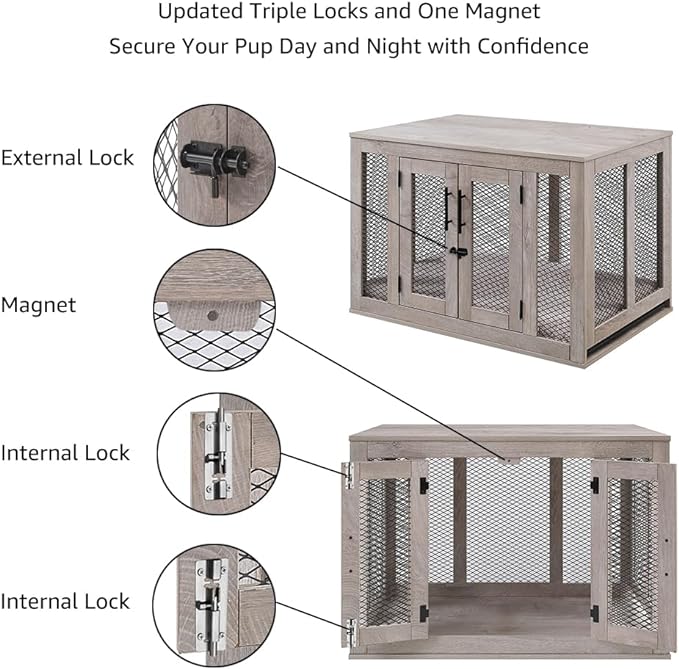 unipaws Dog Crate Furniture, Wooden Dog Kennel for Medium Breed, Indoor Decorative Wood Dog Cage, Inside Side End Table Crate with Removable Tray and Dog Bed, Dog Enclosure, for Dogs Up to 40 lbs