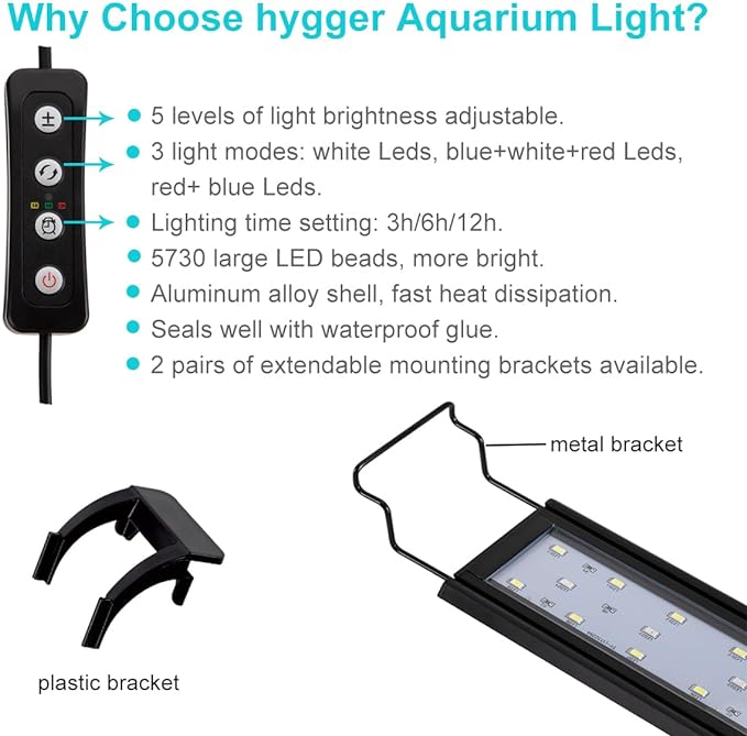 hygger 9W Full Spectrum Aquarium Light with Aluminum Alloy Shell Extendable Brackets, White Blue Red LEDs, External Controller, for Freshwater Fish Tank (12-18 inch)