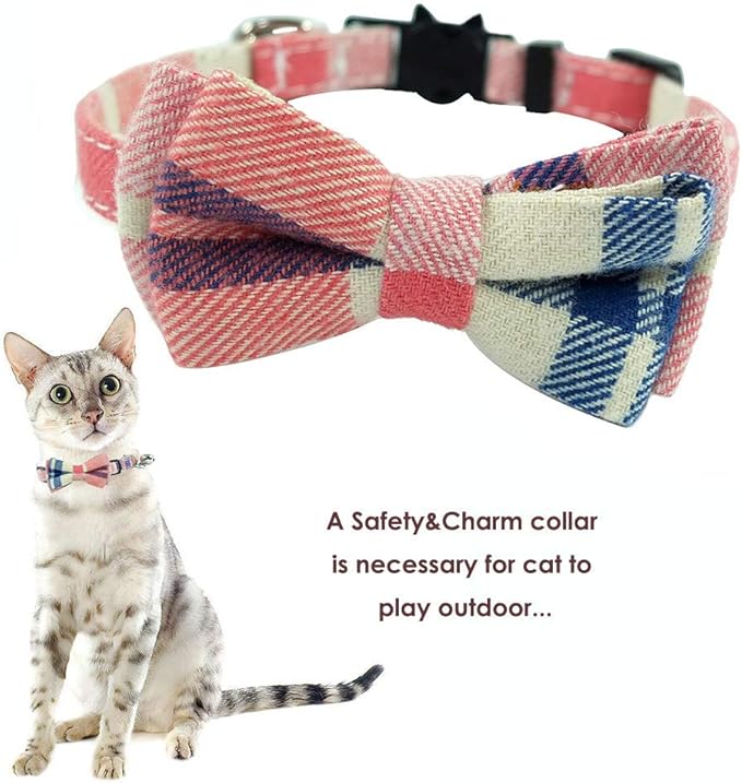 Cat Collar Breakaway with Bell and Bow Tie, Plaid Design Adjustable Safety Kitty Kitten Collars(6.8-10.8in)(Pink Plaid 2)