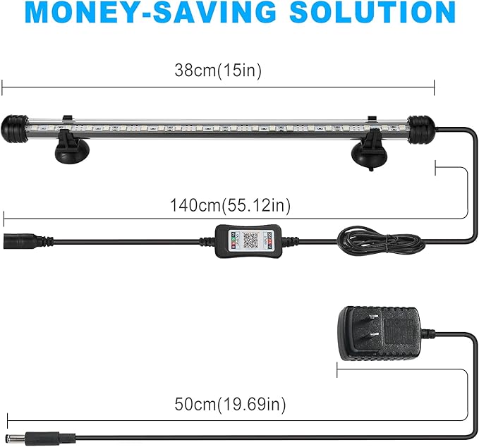 GreenSun Fish Tank Aquarium Light: Submersible Led Lamp - 15 Inch Waterproof Strip Spotlight with APP Control