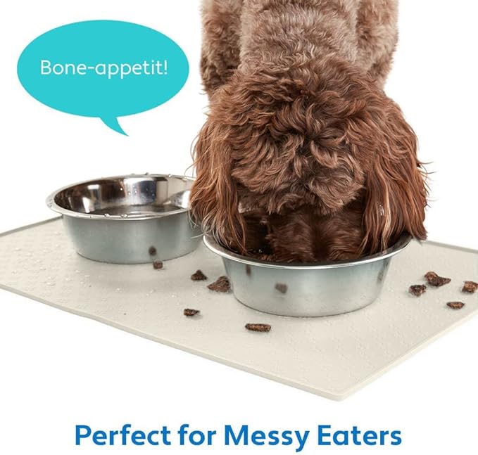 MIGHTY MONKEY 100% Waterproof Dog Food Mat, Raised Edges Silicone Pet Feeding Placemat for Cat, Dogs, Pet Bowls, High Lipped Tray Prevents Water Spills, Food on Floor, Dishwasher Safe, 18x12, Cream