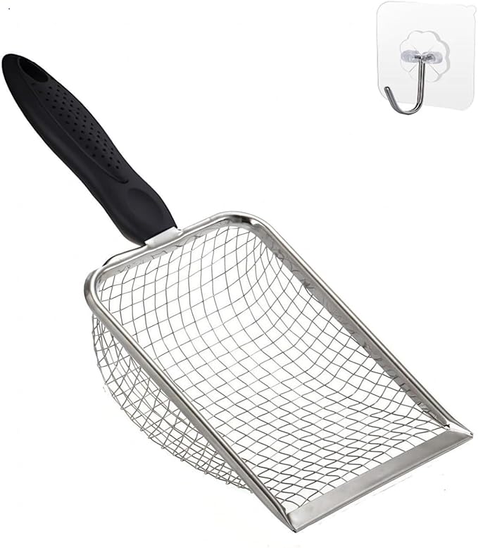 Cat Litter Scooper with Holder,Sturdy Litter Cleaner Corner Shovel,Stainless Steel Mesh Litter Scoop,Easy to Clean,Non-Slip Handle,Suitable for All cat Litter