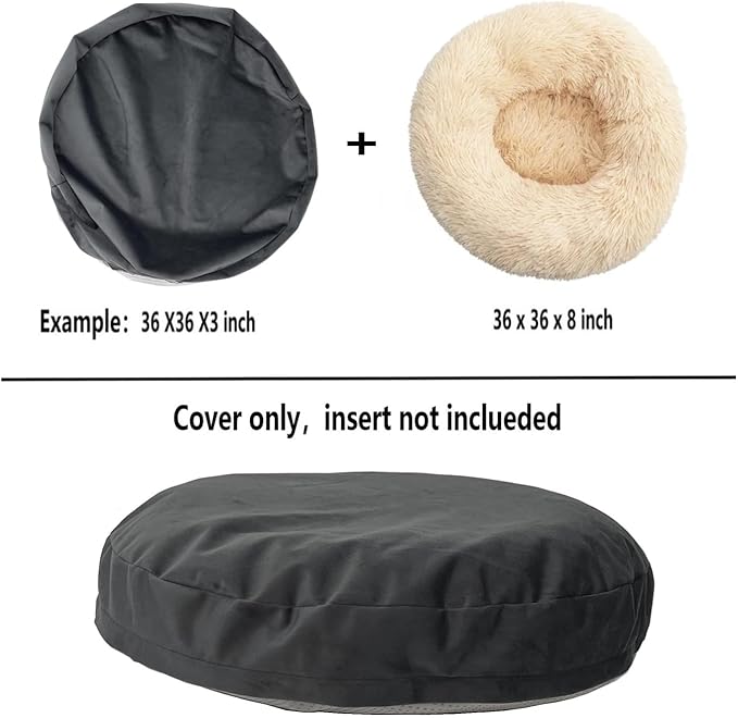 Waterproof Round Dog Bed Cover with Zipper Washable Grey Velvet Dog Bed Replacement Cover Only 36 Inch