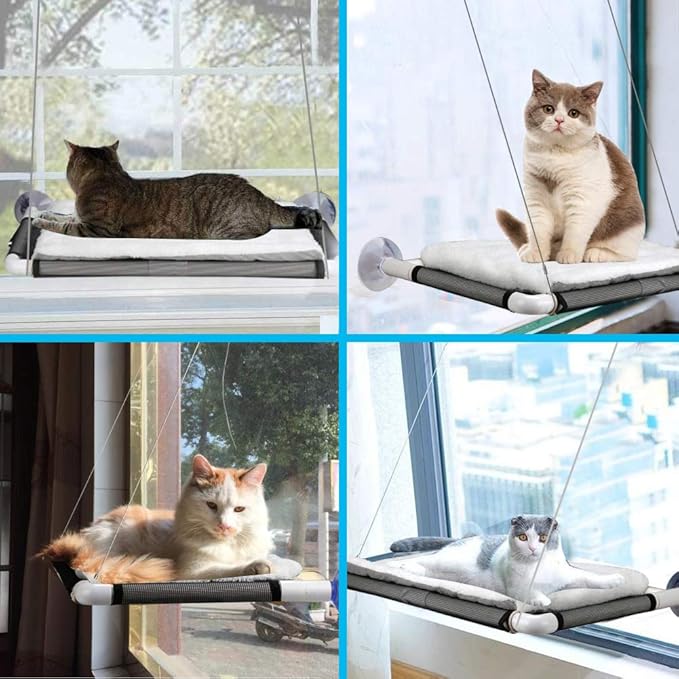 Cat Window Perch, Cat Hammock Window Seat w/Free Fleece Blanket 2024 Latest Screw Suction Cups Extra Large Sturdy Cat Bed Cat Resting Seat Hold Two Large Cats White Indoors (One Extra Suction Cup