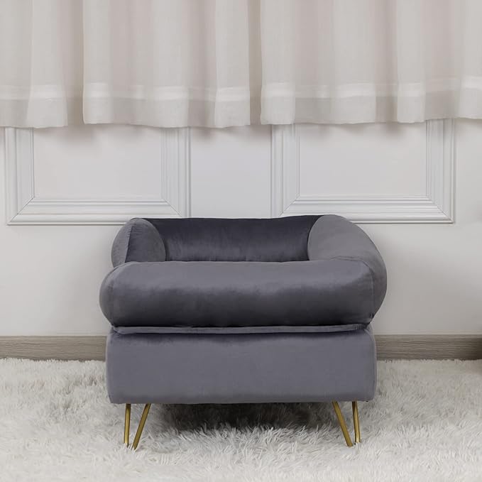 Dog Sofa Bed, Soft Velvet Fabric, Wooden Frame, Medium Dog Rest, Grey