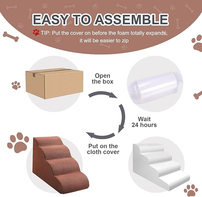 Ryoizen Dog Stairs Ramps to High Beds and Couch Up to 24'', 4-Step Dog Step for Small Large Dog with High-Density Foam, Pet Stairs with Non-Slip Bottom for Puppy and Cat, Hair Remover Roller, Brown