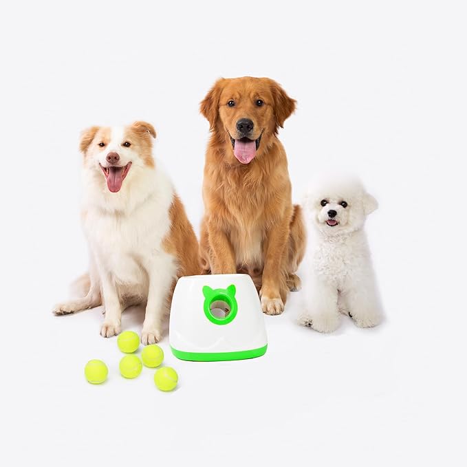 Automatic Ball Launcher, Adjustable Launch Distance, Including 6 2-inch Small Sized Tennis Balls, Suitable for Small to Medium Sized Dogs (Green)