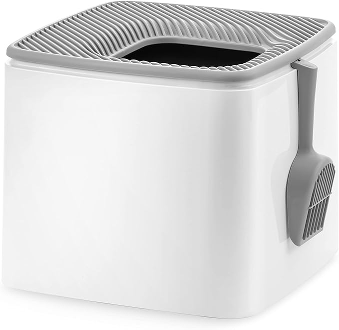 IRIS USA Premium Top Entry Cat Litter Box with Scoop, Square Cat Litter Box Enclosure, Kitty Litter Box, White/Gray